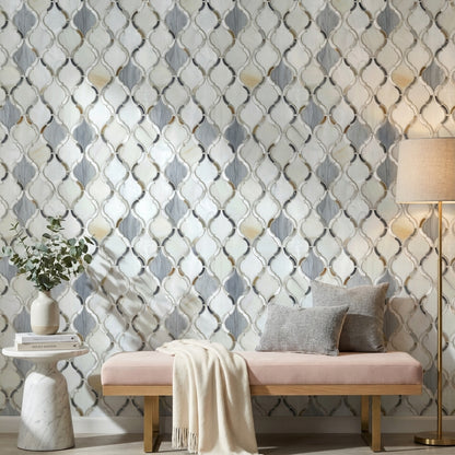 Geometrik Kafes Desenli Duvar Kağıdı Gri Krem Modern