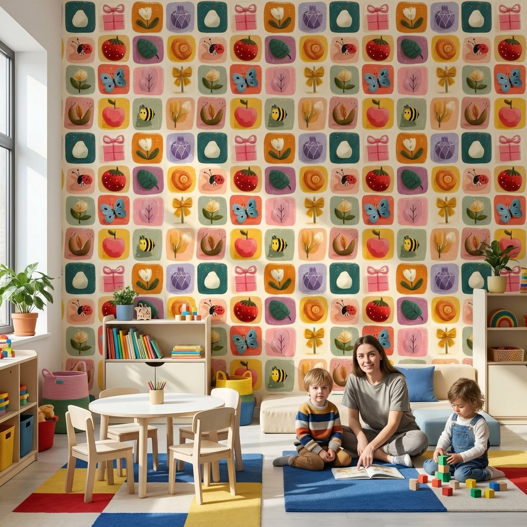 Renkli Figürlü Duvar Kağıdı Bebek Odası Kare Desenli