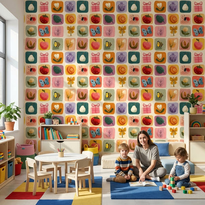 Renkli Figürlü Duvar Kağıdı Bebek Odası Kare Desenli