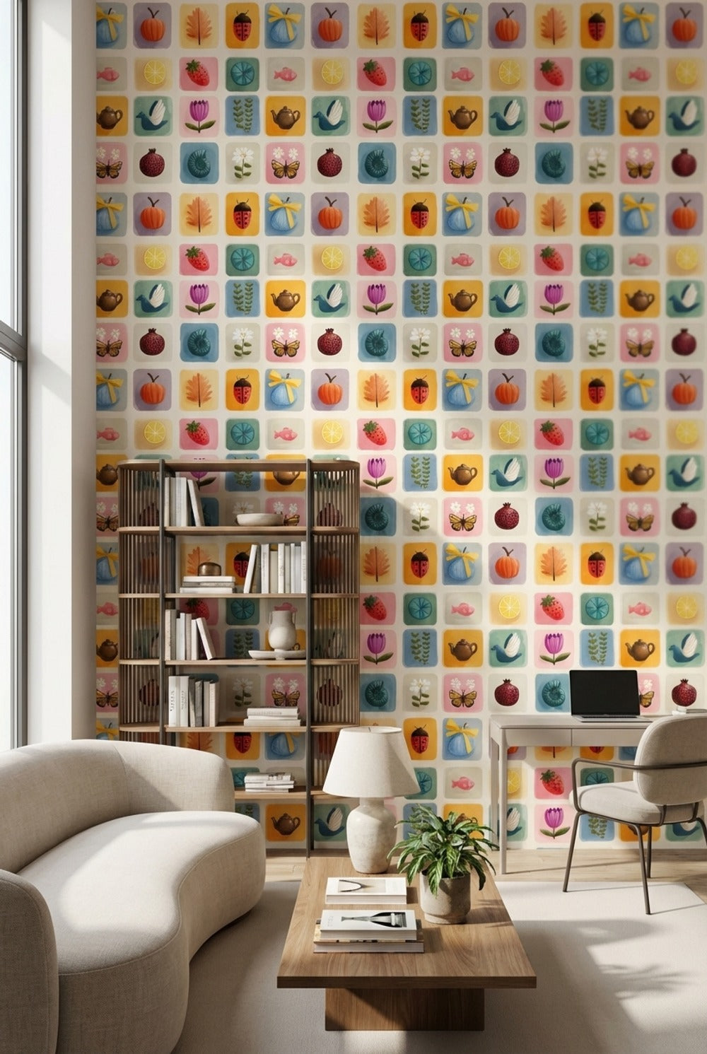 Pastel Kare Desenli Duvar Kağıdı Renkli İllüstrasyonlu Çocuk Odası