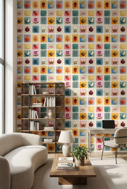 Pastel Kare Desenli Duvar Kağıdı Renkli İllüstrasyonlu Çocuk Odası