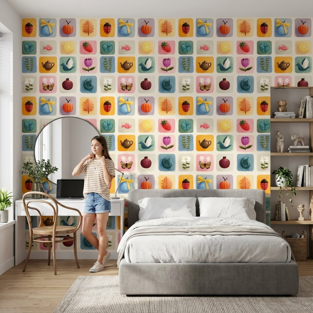 Pastel Kare Desenli Duvar Kağıdı Renkli İllüstrasyonlu Çocuk Odası