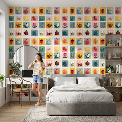 Pastel Kare Desenli Duvar Kağıdı Renkli İllüstrasyonlu Çocuk Odası
