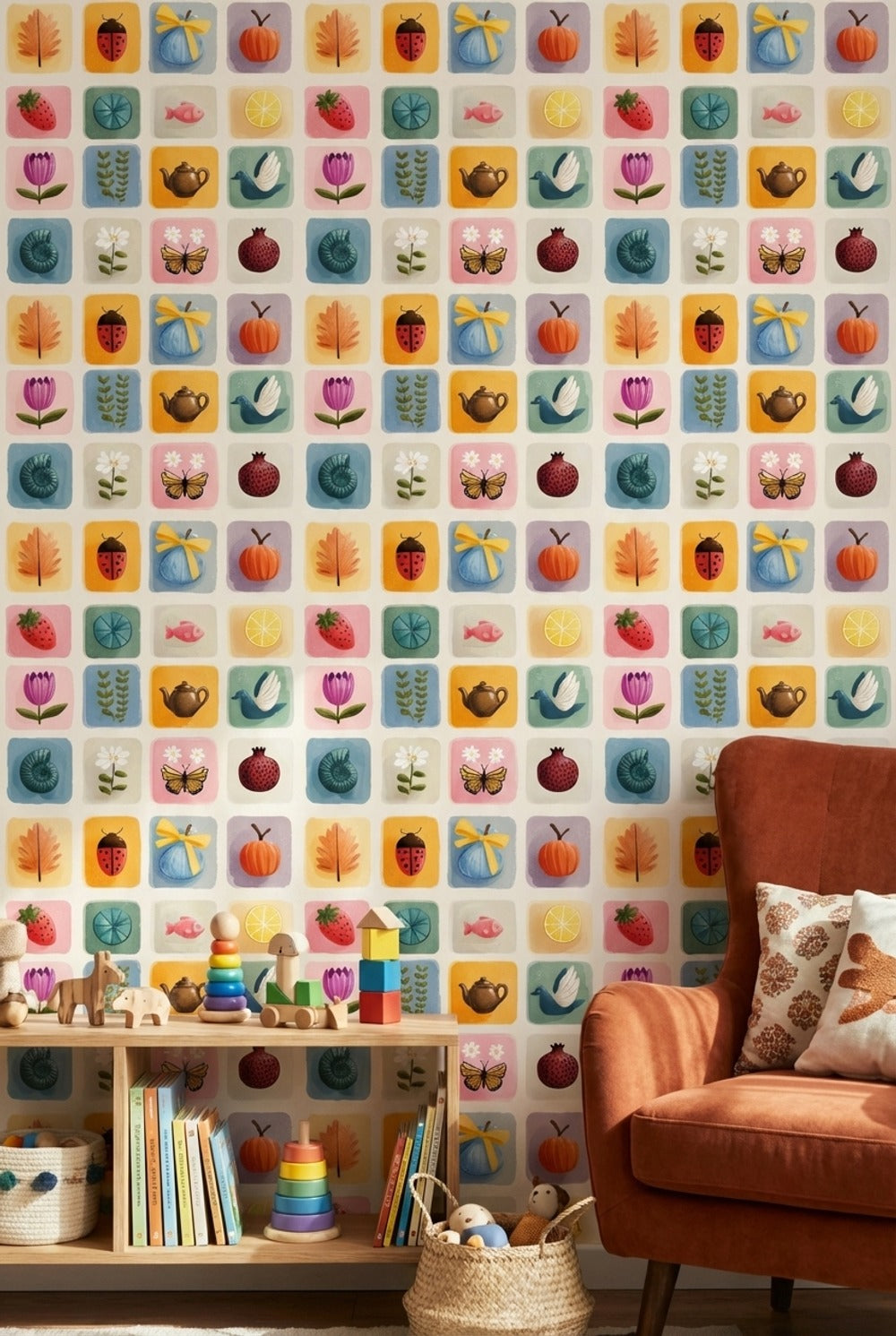 Pastel Kare Desenli Duvar Kağıdı Renkli İllüstrasyonlu Çocuk Odası