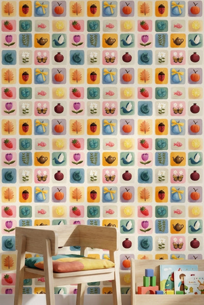 Pastel Kare Desenli Duvar Kağıdı Renkli İllüstrasyonlu Çocuk Odası