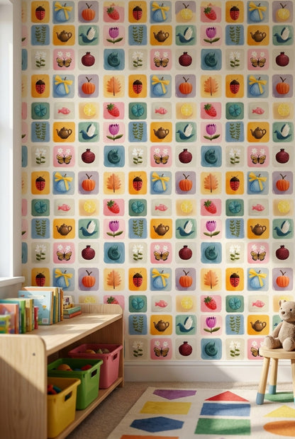 Pastel Kare Desenli Duvar Kağıdı Renkli İllüstrasyonlu Çocuk Odası