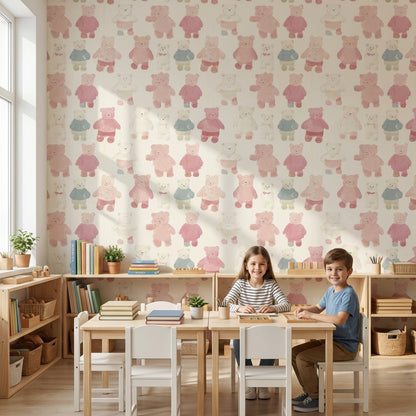 Suluboya Ayıcık Desenli Duvar Kağıdı Pembe Çocuk Odası