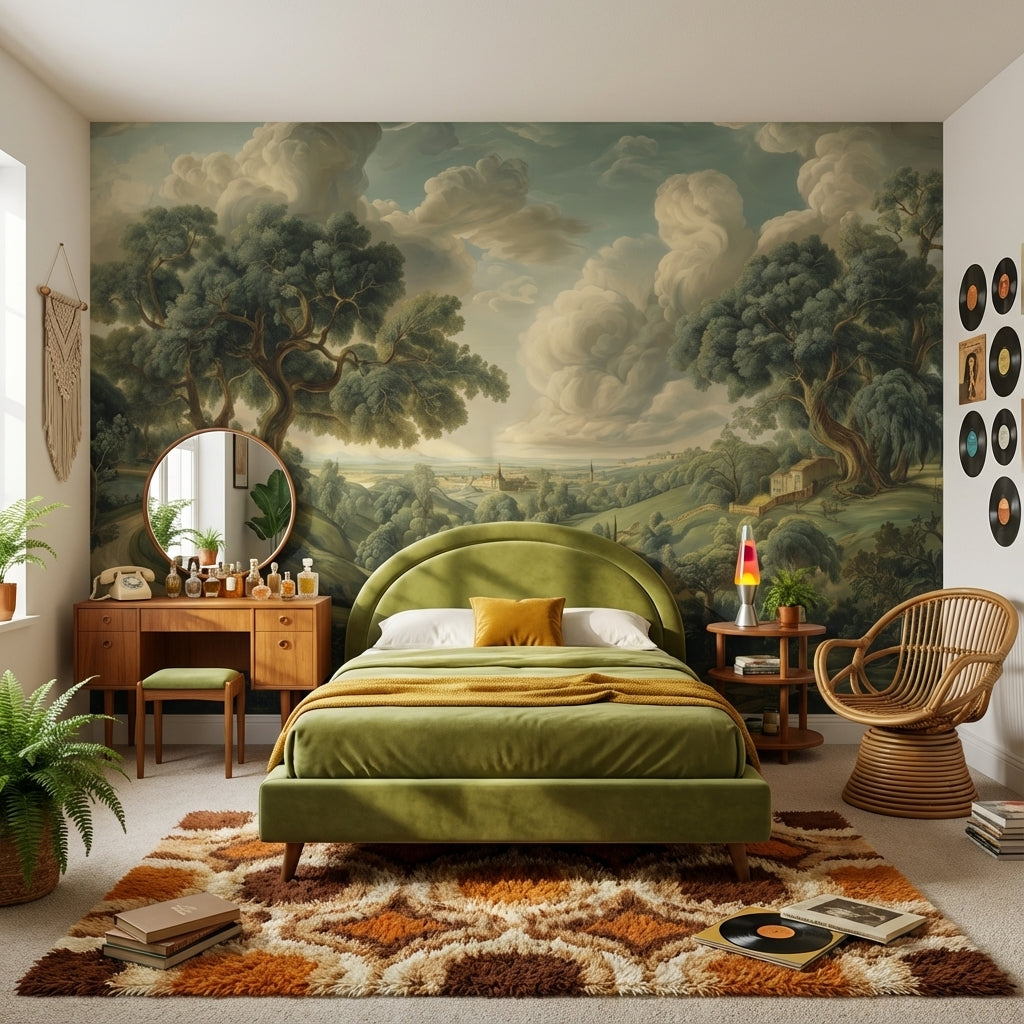 Pastoral Manzara Poster Duvar Kağıdı Yeşil Ağaçlı Salon