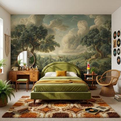 Pastoral Manzara Poster Duvar Kağıdı Yeşil Ağaçlı Salon