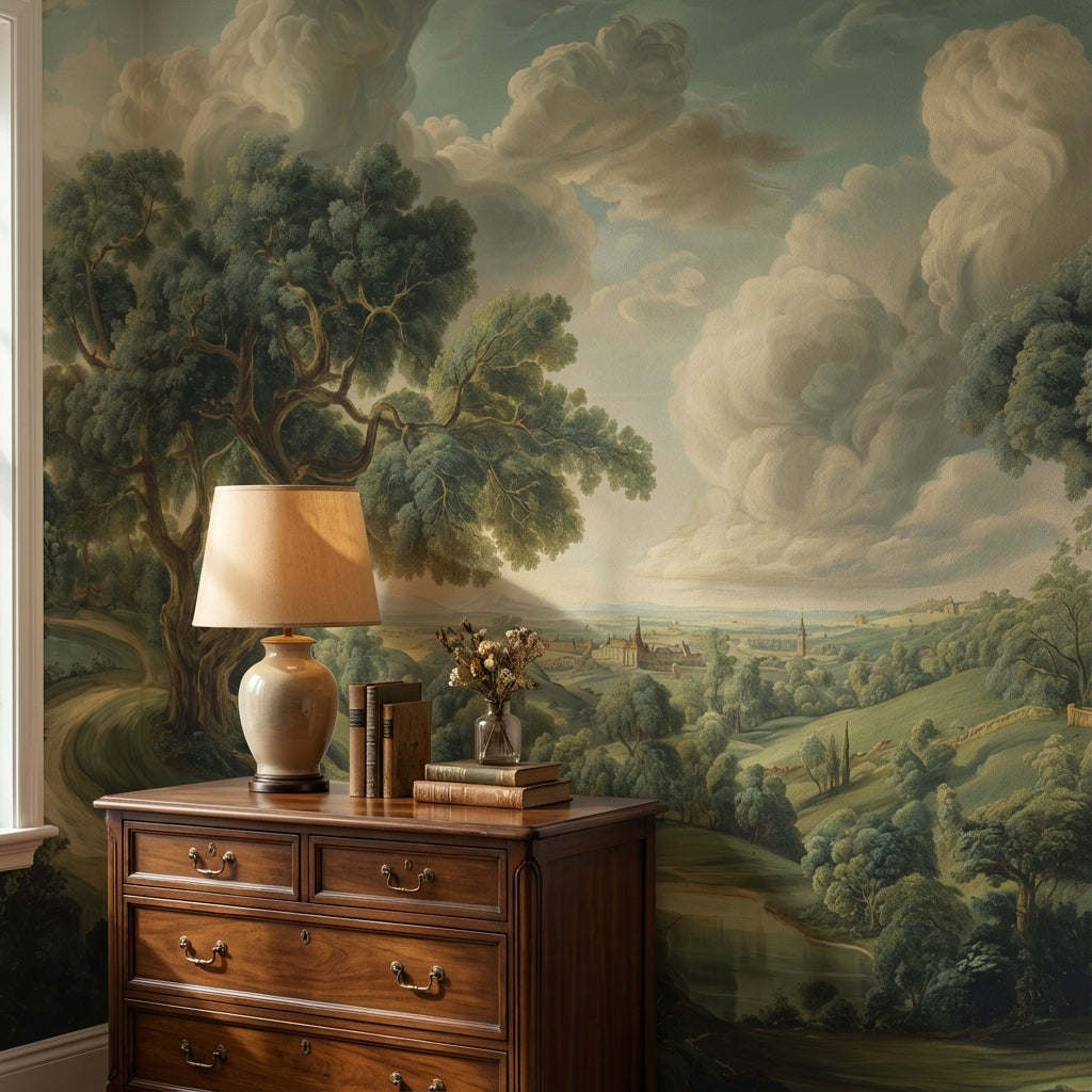 Pastoral Manzara Poster Duvar Kağıdı Yeşil Ağaçlı Salon