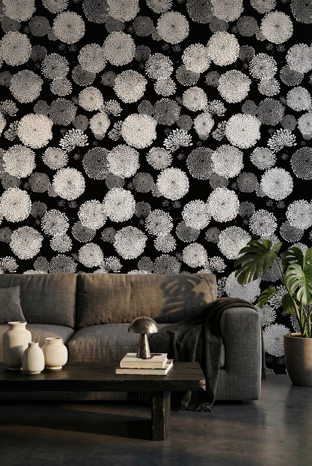 Siyah Beyaz Papatya Desenli Duvar Kağıdı Modern Salon
