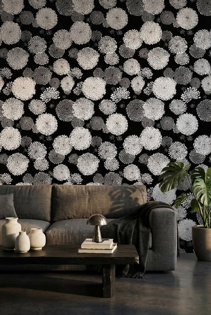 Siyah Beyaz Papatya Desenli Duvar Kağıdı Modern Salon