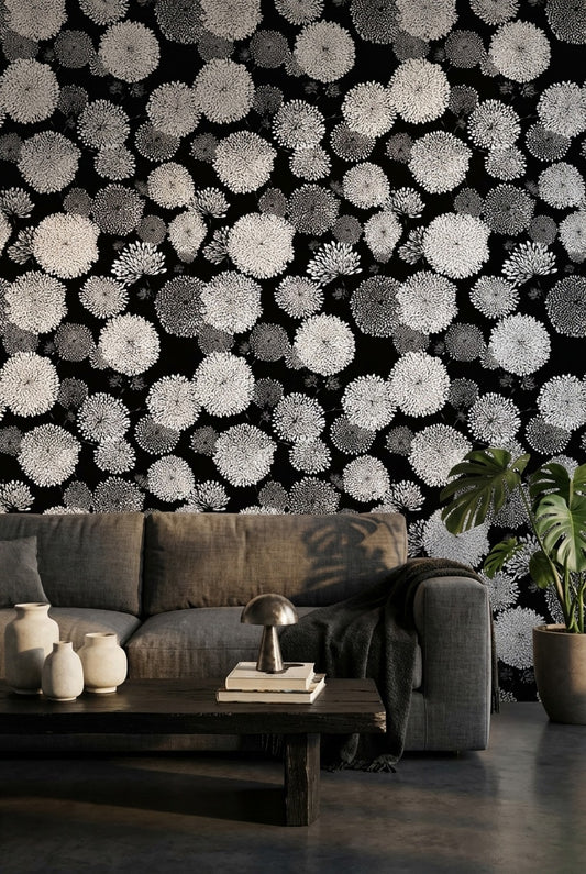 Siyah Beyaz Papatya Desenli Duvar Kağıdı Modern Salon