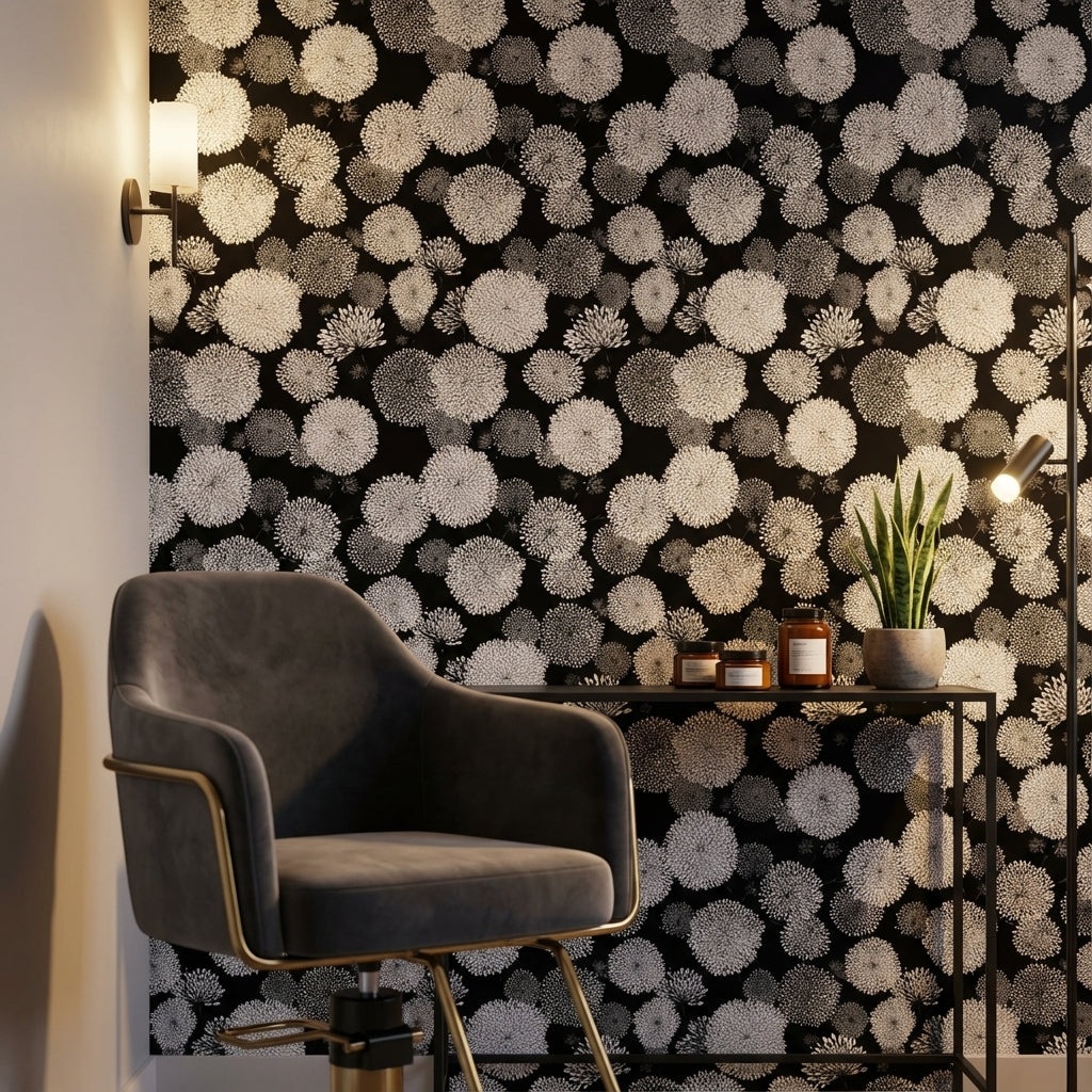 Siyah Beyaz Papatya Desenli Duvar Kağıdı Modern Salon