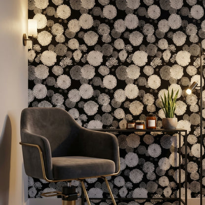 Siyah Beyaz Papatya Desenli Duvar Kağıdı Modern Salon