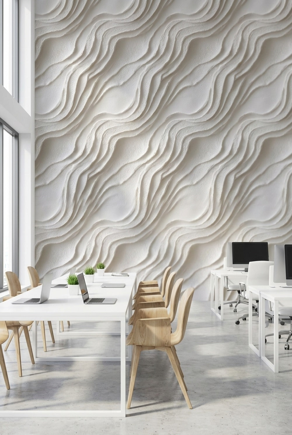 Dalga Desenli Duvar Kağıdı Krem Minimal Salon Duvar Dekoru