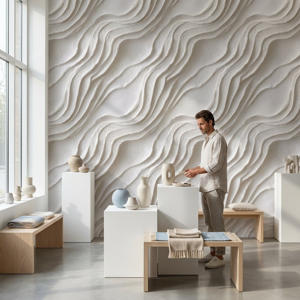 Dalga Desenli Duvar Kağıdı Krem Minimal Salon Duvar Dekoru