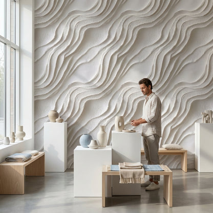 Dalga Desenli Duvar Kağıdı Krem Minimal Salon Duvar Dekoru