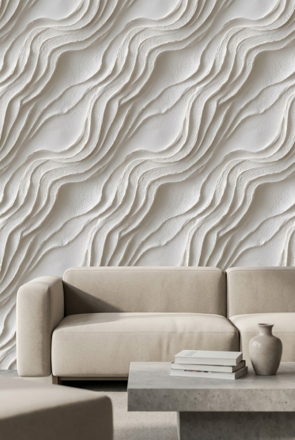 Dalga Desenli Duvar Kağıdı Krem Minimal Salon Duvar Dekoru