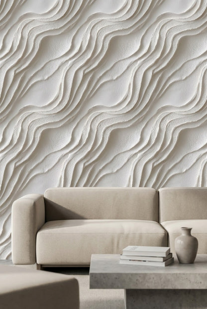 Dalga Desenli Duvar Kağıdı Krem Minimal Salon Duvar Dekoru