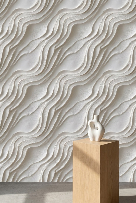 Dalga Desenli Duvar Kağıdı Krem Minimal Salon Duvar Dekoru