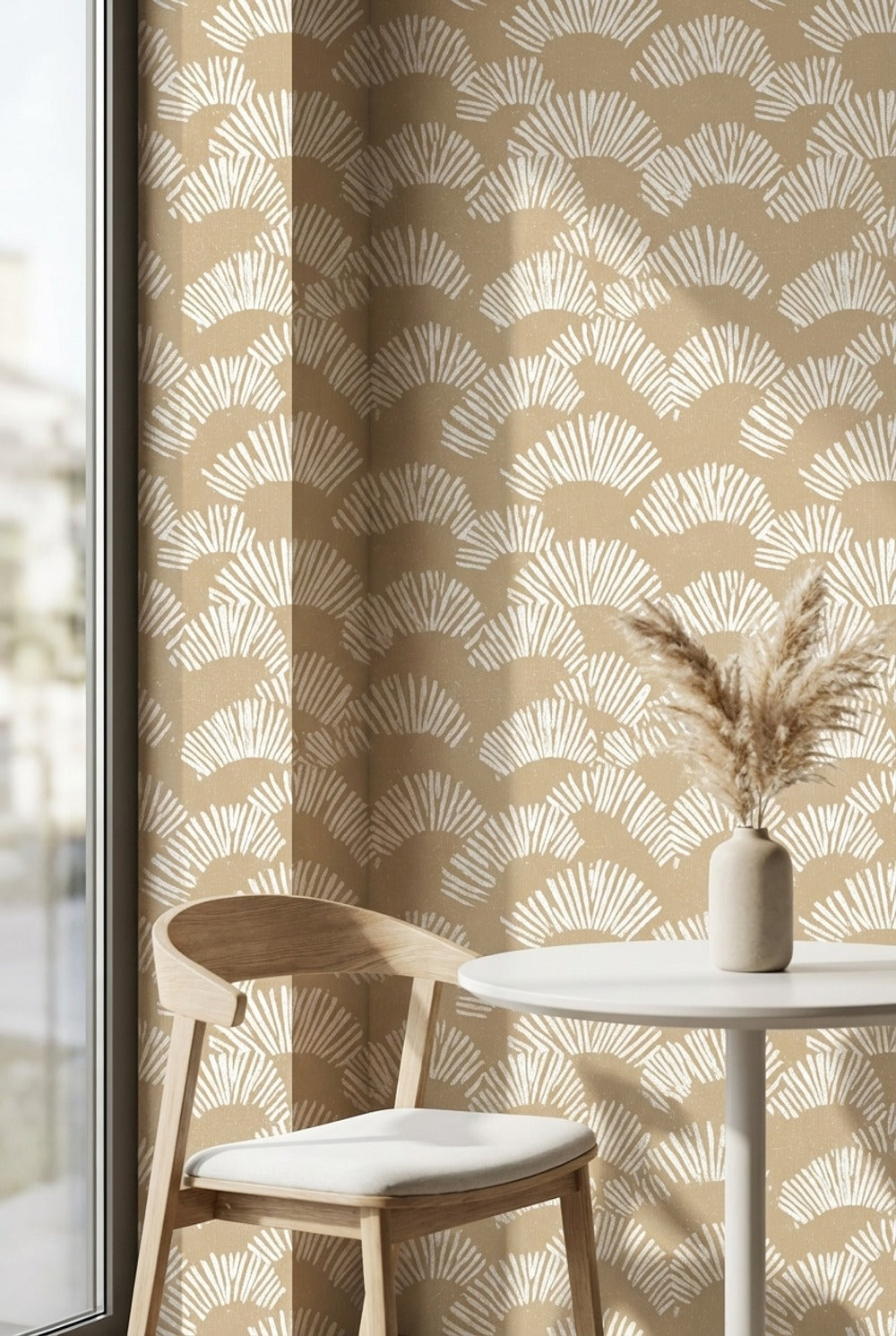 Geometrik Yelpaze Desenli Duvar Kağıdı Bej Beyaz Salon