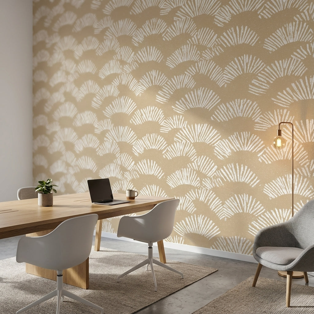 Geometrik Yelpaze Desenli Duvar Kağıdı Bej Beyaz Salon