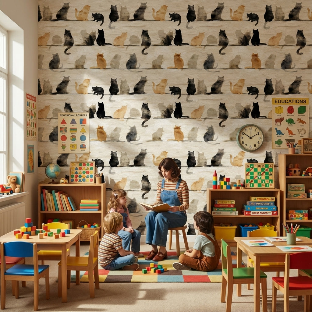 Suluboya Kedi Desenli Duvar Kağıdı Bej Çocuk Odası