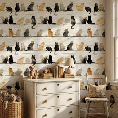 Suluboya Kedi Desenli Duvar Kağıdı Bej Çocuk Odası