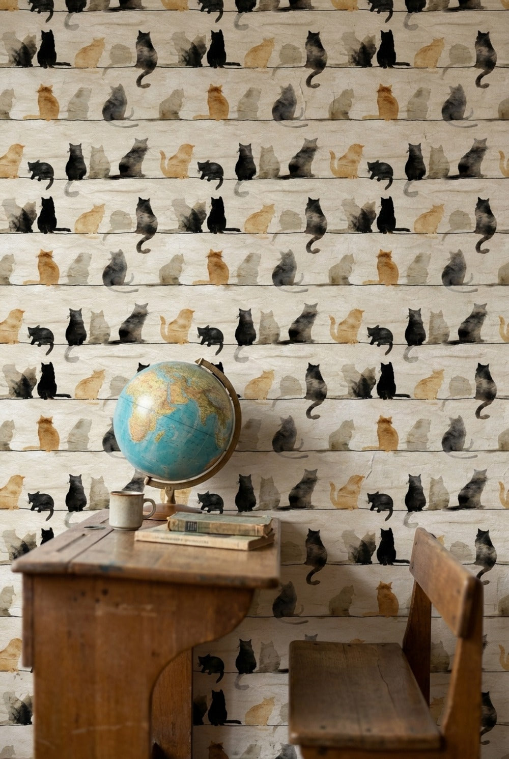 Suluboya Kedi Desenli Duvar Kağıdı Bej Çocuk Odası