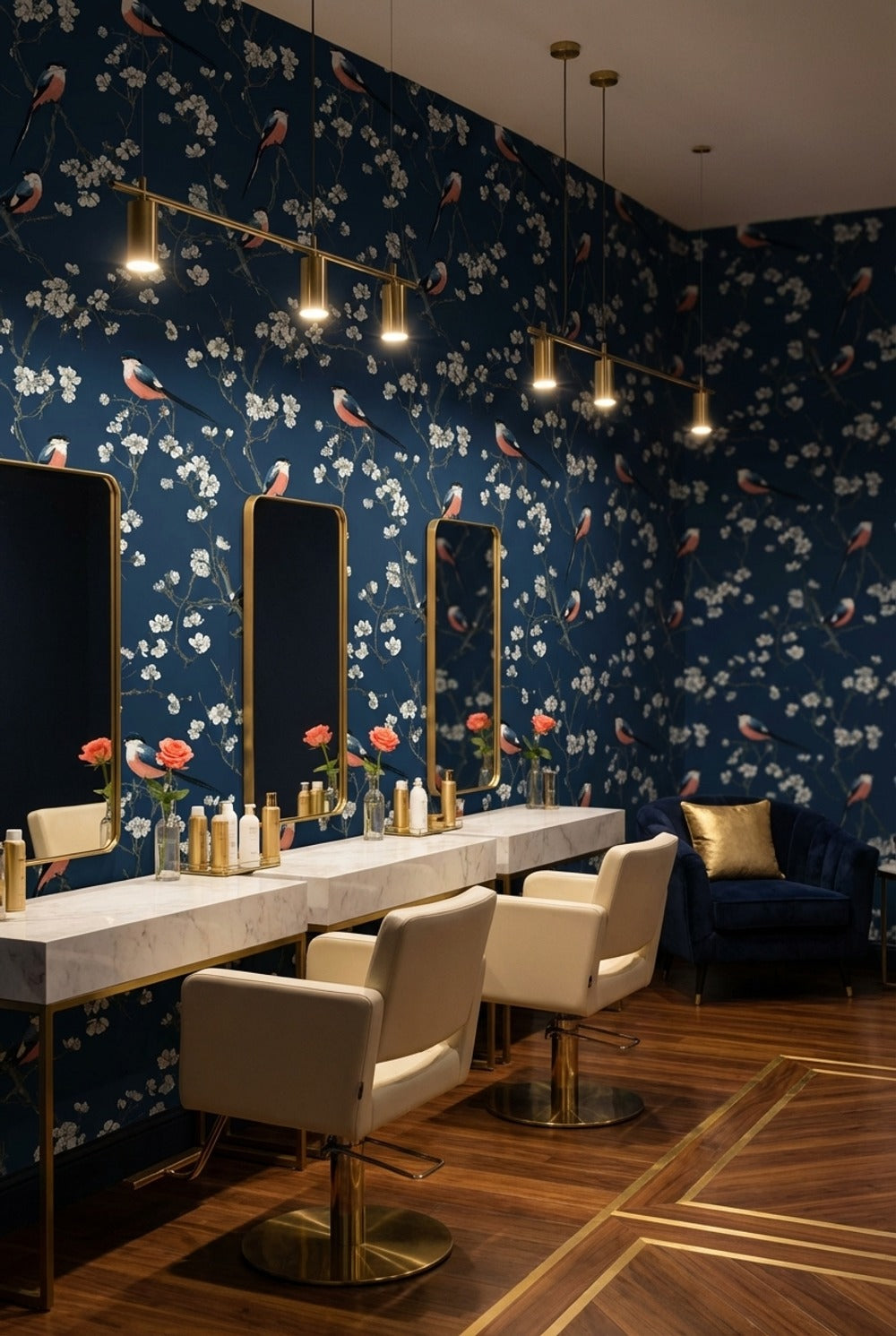 Kuş ve Çiçek Desenli Duvar Kağıdı Lacivert Banyo