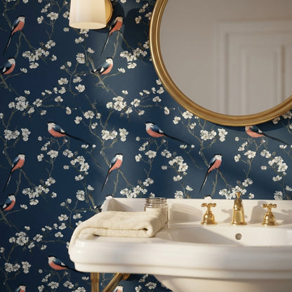 Kuş ve Çiçek Desenli Duvar Kağıdı Lacivert Banyo