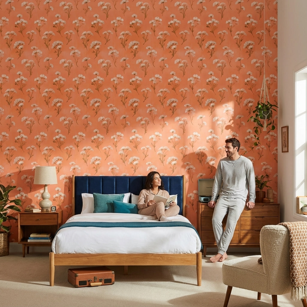 Beyaz Çiçek Desenli Duvar Kağıdı Terracotta Banyo Dekoru