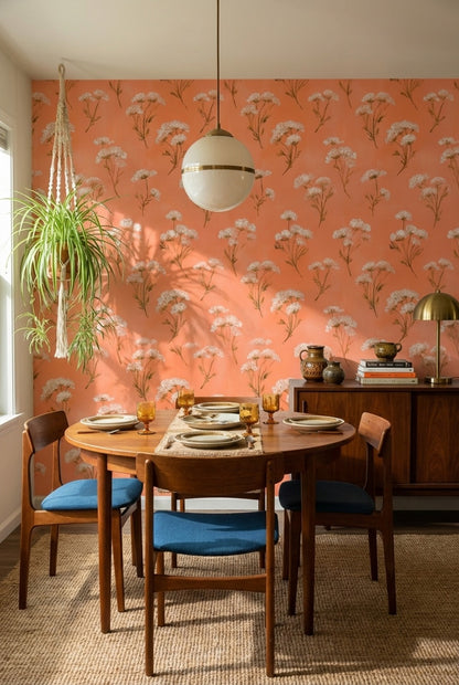 Beyaz Çiçek Desenli Duvar Kağıdı Terracotta Banyo Dekoru