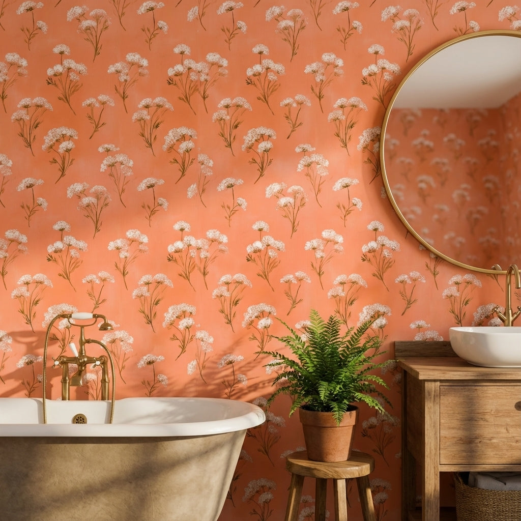 Beyaz Çiçek Desenli Duvar Kağıdı Terracotta Banyo Dekoru