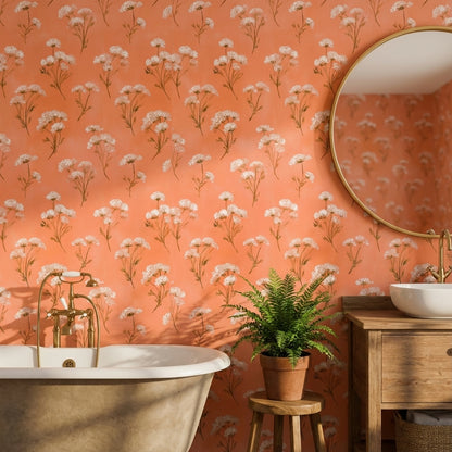 Beyaz Çiçek Desenli Duvar Kağıdı Terracotta Banyo Dekoru