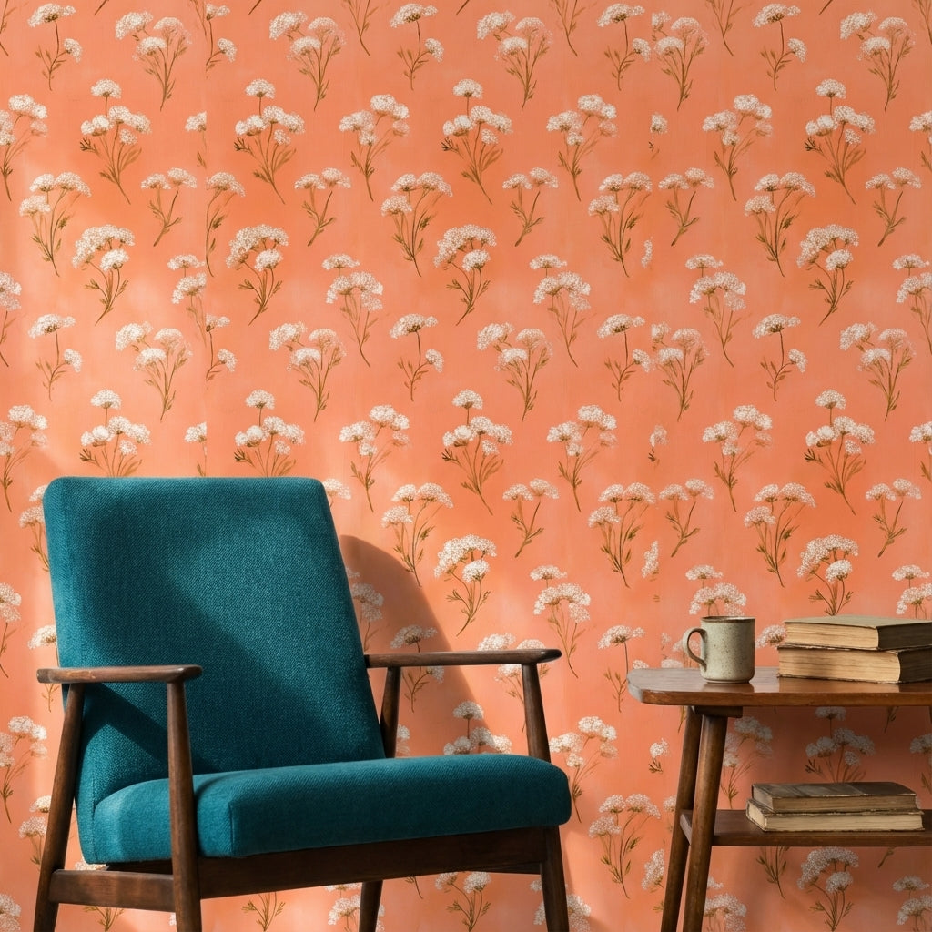 Beyaz Çiçek Desenli Duvar Kağıdı Terracotta Banyo Dekoru