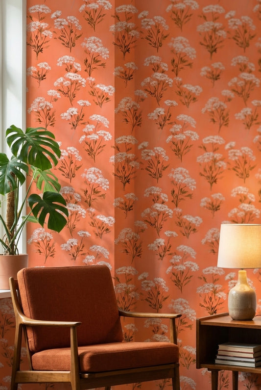 Terracotta Çiçek Desenli Duvar Kağıdı Retro Salon Duvar Dekoru