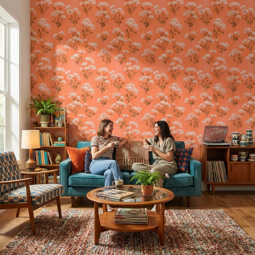 Terracotta Çiçek Desenli Duvar Kağıdı Retro Salon Duvar Dekoru