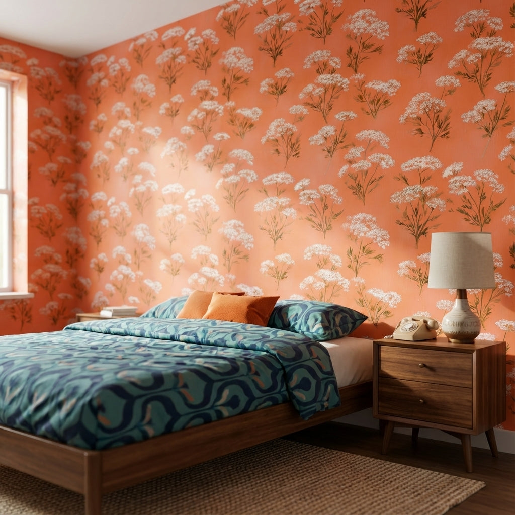 Terracotta Çiçek Desenli Duvar Kağıdı Retro Salon Duvar Dekoru