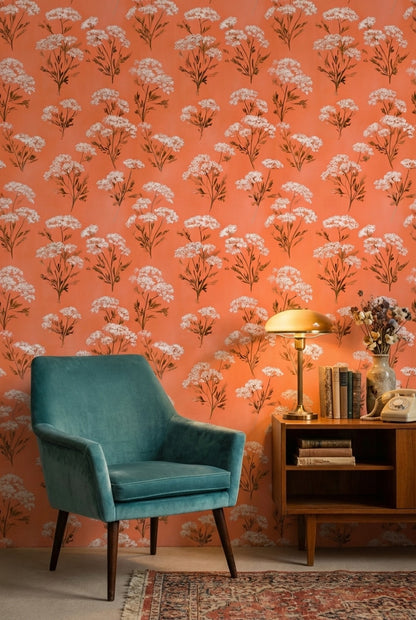 Terracotta Çiçek Desenli Duvar Kağıdı Retro Salon Duvar Dekoru