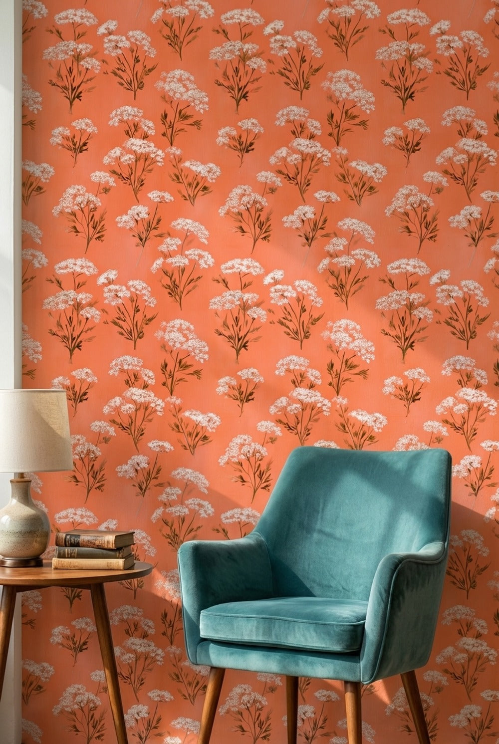 Terracotta Çiçek Desenli Duvar Kağıdı Retro Salon Duvar Dekoru