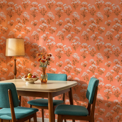 Terracotta Çiçek Desenli Duvar Kağıdı Retro Salon Duvar Dekoru