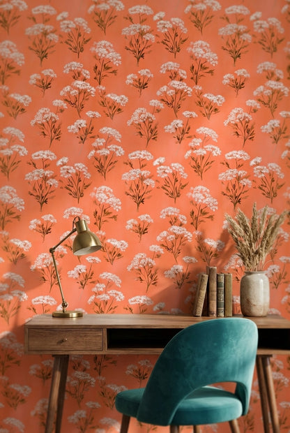Terracotta Çiçek Desenli Duvar Kağıdı Retro Salon Duvar Dekoru