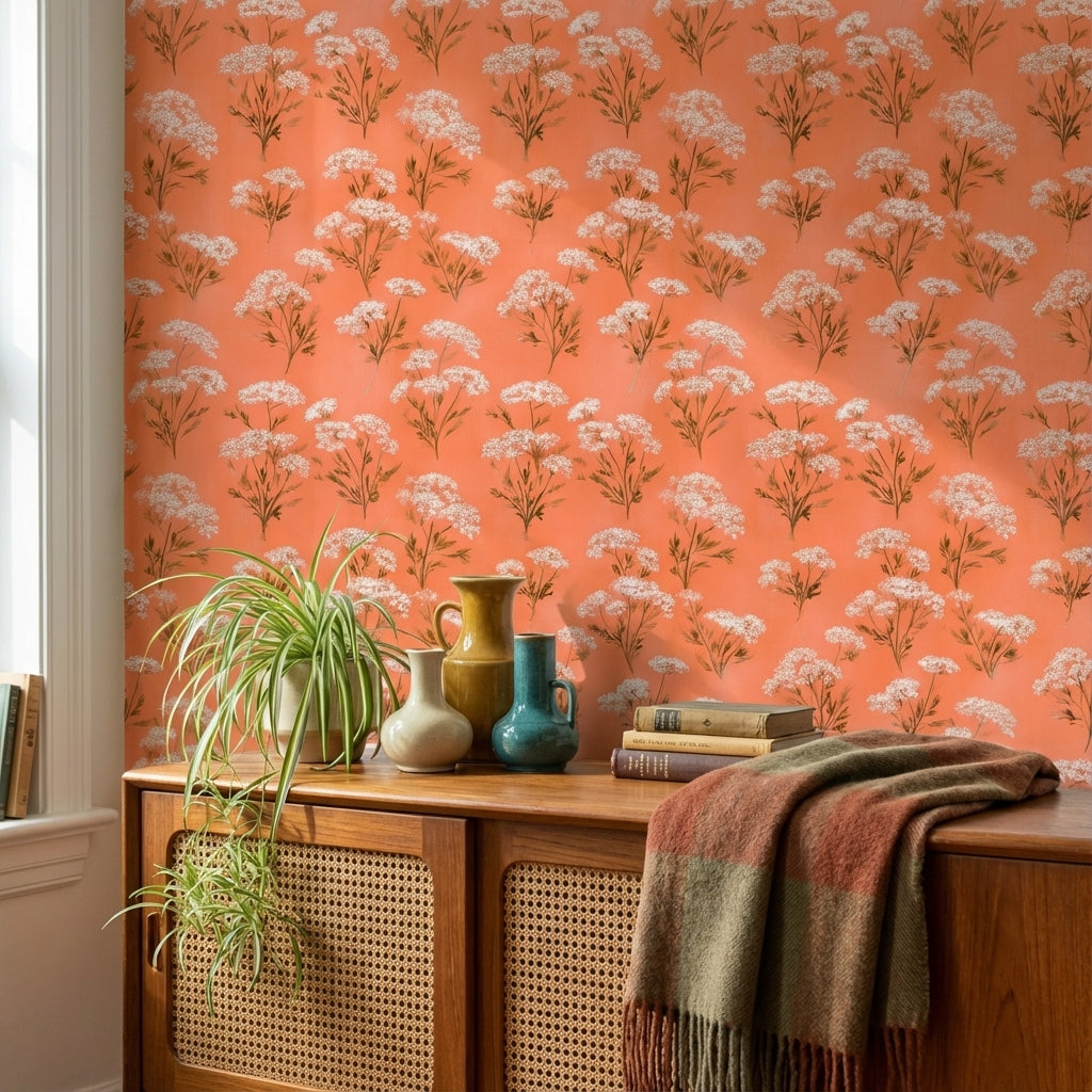 Terracotta Çiçek Desenli Duvar Kağıdı Retro Salon Duvar Dekoru