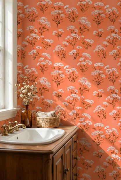 Terracotta Çiçek Desenli Duvar Kağıdı Retro Salon Duvar Dekoru