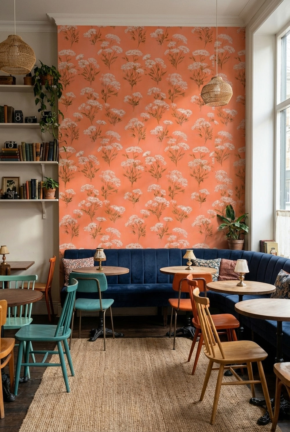 Terracotta Çiçek Desenli Duvar Kağıdı Retro Salon Duvar Dekoru
