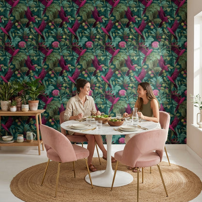 Tropikal Kuşlu Duvar Kağıdı Yeşil Yaprak Desenli Salon