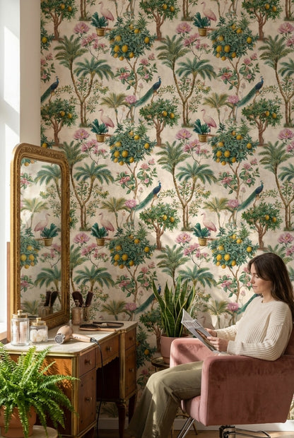 Tropikal Kuşlu Duvar Kağıdı Yeşil Botanik Desenli Salon