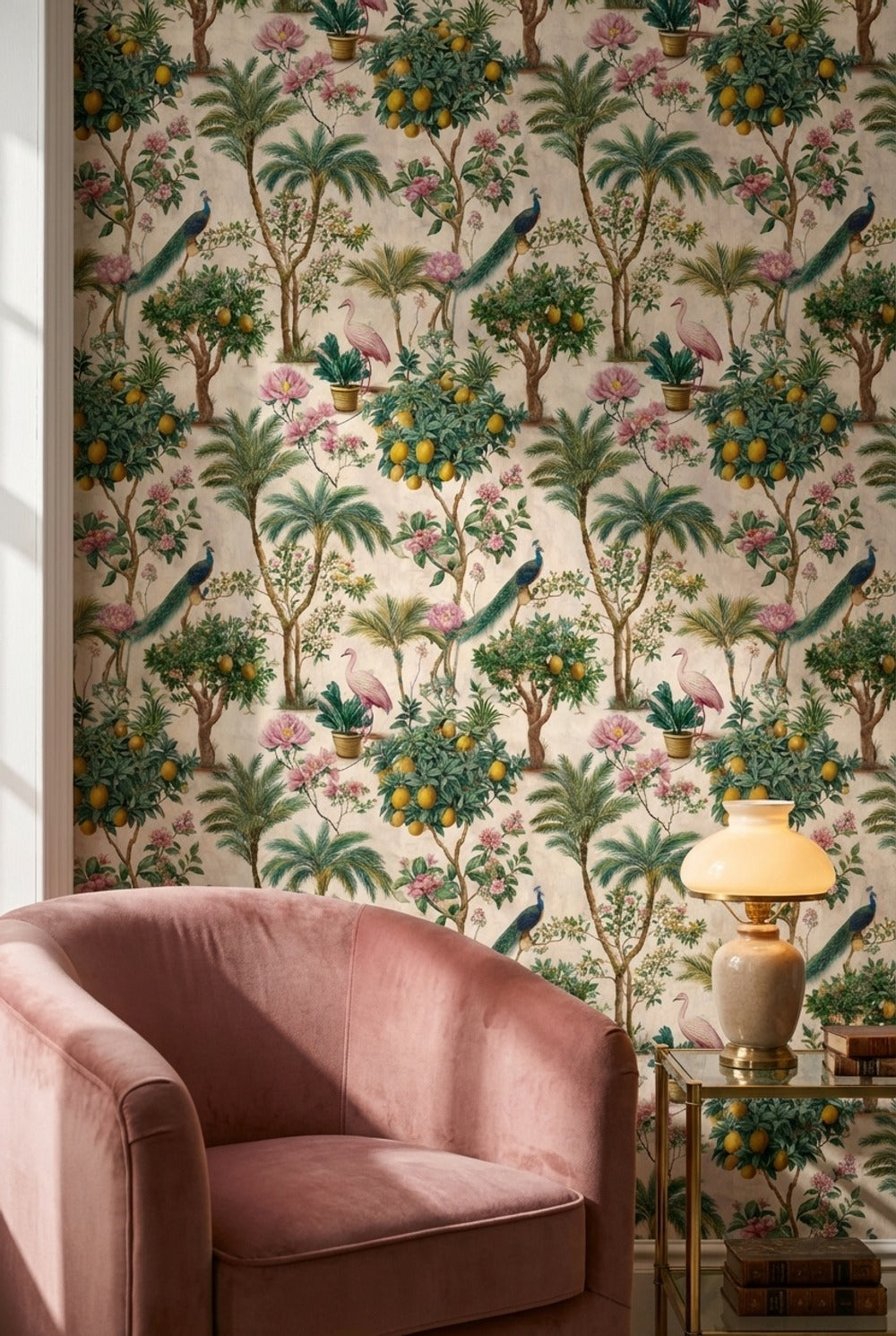 Tropikal Kuşlu Duvar Kağıdı Yeşil Botanik Desenli Salon